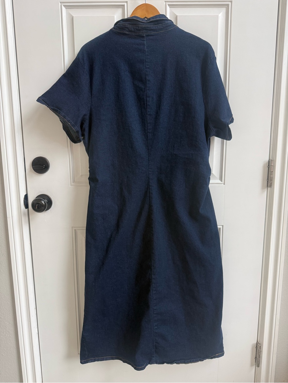 Casual Dark Blue Denim Button-Front Fitted Midi Shirt Dress Chic Minimal Western - Picture 2 of 5